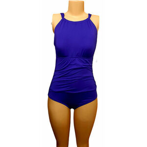 NEW $92 JANTZEN One Piece Swimsuit Size 8‎ High Neck Ruched Tummy Control Blue
